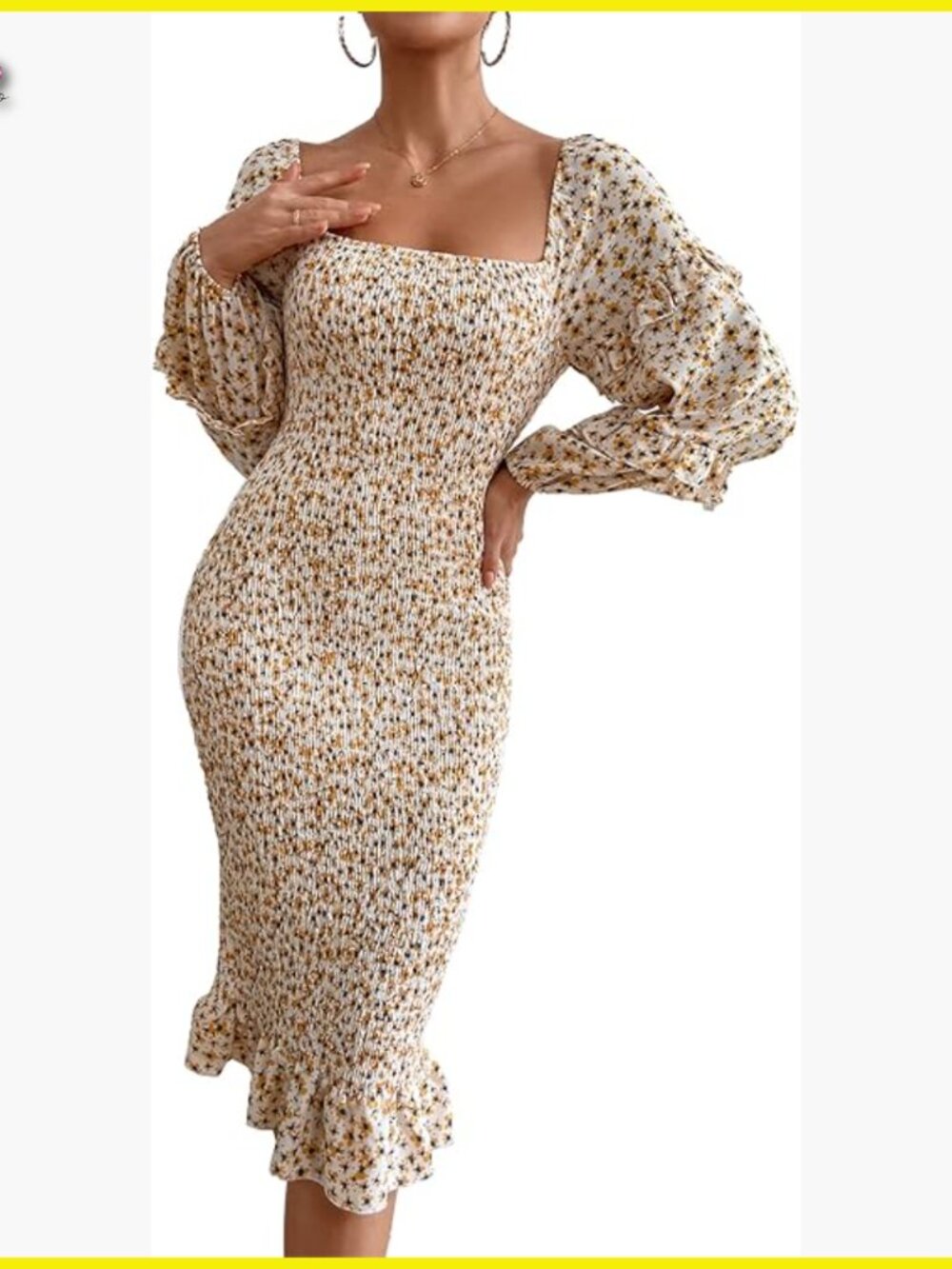 Floral Midi Bodycon Dress Long Puff Sleeve Square Neck Ruffle Mermaid Elegant